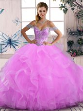 Tulle Off The Shoulder Sleeveless Lace Up Beading and Ruffles Sweet 16 Dress in Lilac