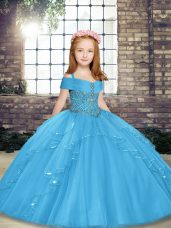 Tulle Straps Sleeveless Lace Up Beading Pageant Gowns For Girls in Blue