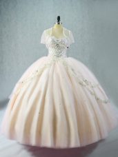 Flare Sleeveless Tulle Floor Length Lace Up Quinceanera Dress in Pink with Beading