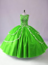 High Quality Sleeveless Floor Length Beading and Appliques Zipper Sweet 16 Quinceanera Dress with Green