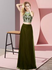 Floor Length Two Pieces Sleeveless Olive Green Prom Gown Backless