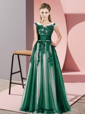 Floor Length Dark Green Wedding Party Dress Tulle Sleeveless Beading and Lace