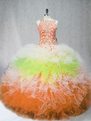 Multi-color Ball Gowns Tulle Scoop Sleeveless Beading and Ruffles Floor Length Zipper Quince Ball Gowns