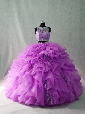 Shining Two Pieces Sleeveless Lilac Quinceanera Dress Brush Train Zipper