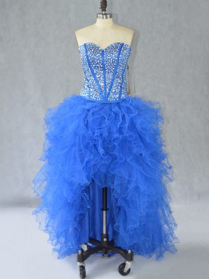 Sumptuous Blue A-line Organza Sweetheart Sleeveless Beading and Ruffles High Low Lace Up