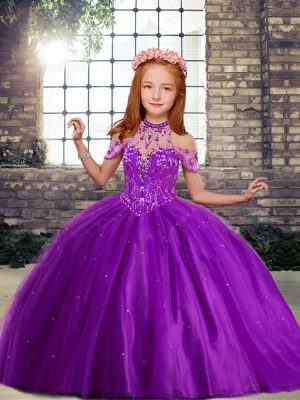 Perfect Floor Length Ball Gowns Sleeveless Purple Little Girl Pageant Gowns Lace Up