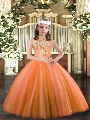 Simple Orange Halter Top Neckline Appliques Little Girls Pageant Dress Sleeveless Lace Up