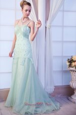 2013 Apple Green Empire Straps Brush Train Organza Appliques Homecoming Dress