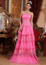 Clearence Pink Empire Strapless Floor-length Organza Lace Appliques Prom / Pageant Dress