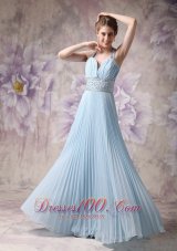 Best Lovely Baby Blue A-line Halter Prom Dress Chiffon Beading Floor-length