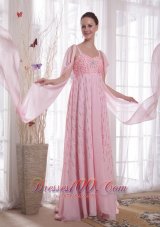 Best Pink Empire Straps Watteau Train Chiffon Beading and Sequins Prom / Evening Dress