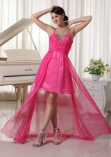 On Sale Hot Pink Spaghetti Straps Beaded High-low Prom / Homecoming Dress Chiffon