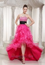 2013 Hot Pink Beaded Belt Embellishment Evening Dress With High-low