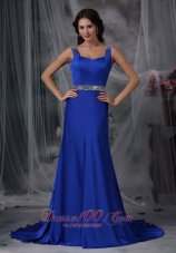 Discount Royal Blue Column Straps Court Train Elastic Wove Satin Beading Prom Dress