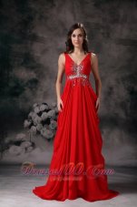 Fashion Pretty Red Evening Dress A-line V-neck Chiffon Beading Brush Train