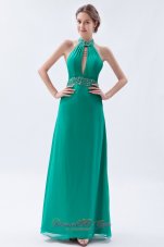 Fashion Turquoise Column / Sheath Prom Dress Backless Chiffon Beading High-neck