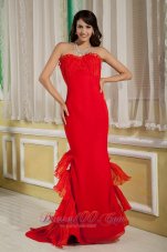 Fashion Simple Red Mermaid Prom Dress Sweetheart Chiffon and Organza Brush Train