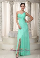 Formal Apple Green Empire One Shoulder Floor-length Chiffon Beading Prom Dress