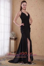 Formal Black Column / Sheath Halter Brush Chiffon Ruch Prom Dress