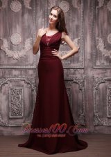 Formal Burgundy Column V-neck Brush Train Chiffon Beading Prom / Evening Dress