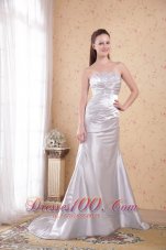 Formal Grey Column Strapless Court Train Satin Appliques and Ruch Prom DressStrapless Court Train Satin Beading Appliques and Ruch Evening Dress