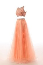 Extravagant Orange Side Zipper Scoop Beading and Belt Dress for Prom Organza Sleeveless Sweep Train