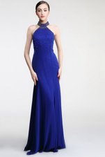 Luxury High-neck Sleeveless Satin Prom Gown Lace Sweep Train Zipper