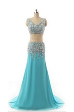 Beauteous Asymmetrical Aqua Blue Evening Dress V-neck Sleeveless Zipper