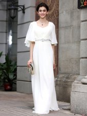 White Chiffon Zipper Square Half Sleeves Floor Length Homecoming Dress Beading