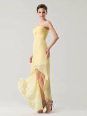 Spectacular Sleeveless Chiffon High Low Zipper Prom Evening Gown in Light Yellow for with Ruching