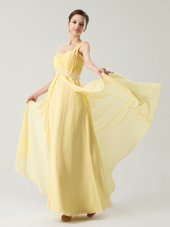 Light Yellow Ball Gowns Chiffon One Shoulder Sleeveless Beading and Ruching Ankle Length Zipper Prom Evening Gown