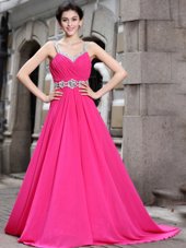 Free and Easy Hot Pink Straps Zipper Beading Prom Evening Gown Brush Train Sleeveless