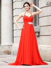 Zipper Dress for Prom Coral Red and In for Prom and Party with Beading Brush Train