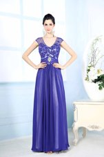 Blue Chiffon Zipper Scoop Sleeveless Floor Length Dress for Prom Beading and Appliques