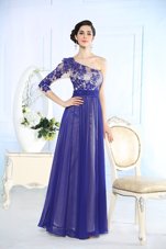 One Shoulder Blue Long Sleeves Floor Length Beading and Appliques Side Zipper Homecoming Dress