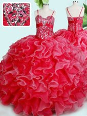 Red Ball Gowns Beading and Ruffles Ball Gown Prom Dress Lace Up Organza Sleeveless Floor Length