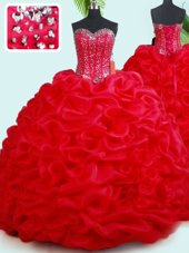 Stylish Sweetheart Sleeveless 15th Birthday Dress Court Train Beading and Pick Ups Red Organza