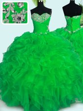 On Sale Green Quinceanera Dresses Military Ball and Sweet 16 and Quinceanera and For with Beading and Ruffles Sweetheart Sleeveless Lace Up