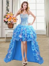 Baby Blue Organza Lace Up Sweetheart Sleeveless High Low Prom Dress Beading and Ruffles and Sequins