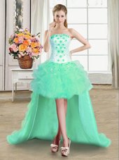 Classical Tulle Sleeveless High Low Prom Gown and Beading and Appliques and Ruffles