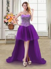 Cheap Sleeveless Lace Up High Low Beading Prom Evening Gown