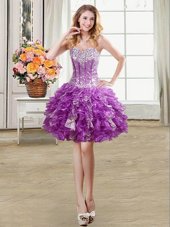 Eggplant Purple Lace Up Club Wear Beading and Sequins Sleeveless Mini Length