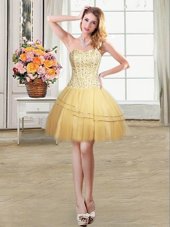 Gold Tulle Lace Up Sweetheart Sleeveless Mini Length Juniors Party Dress Beading and Sequins