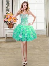 Fashionable Turquoise Sleeveless Beading and Ruffles and Sequins Mini Length Cocktail Dresses