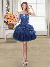 Navy Blue Organza Lace Up Teens Party Dress Sleeveless Mini Length Beading and Appliques and Pick Ups