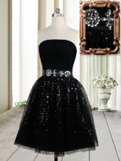 Black A-line Strapless Sleeveless Tulle Mini Length Zipper Beading and Sequins Cocktail Dresses