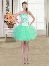 Suitable Strapless Sleeveless Organza Party Dress for Girls Beading and Appliques and Ruffles Lace Up