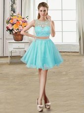 Popular Scoop Mini Length Zipper Teens Party Dress Aqua Blue and In for Prom and Party with Beading