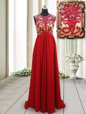 Fine Scoop Sleeveless Brush Train Appliques Backless Prom Evening Gown