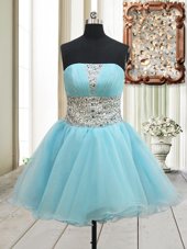 Aqua Blue A-line Strapless Sleeveless Organza Mini Length Zipper Beading Cocktail Dresses